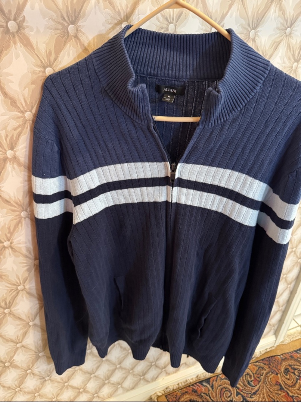 Alfani Men’s Navy Zip-Up Ribbed Sweater with White Stripes